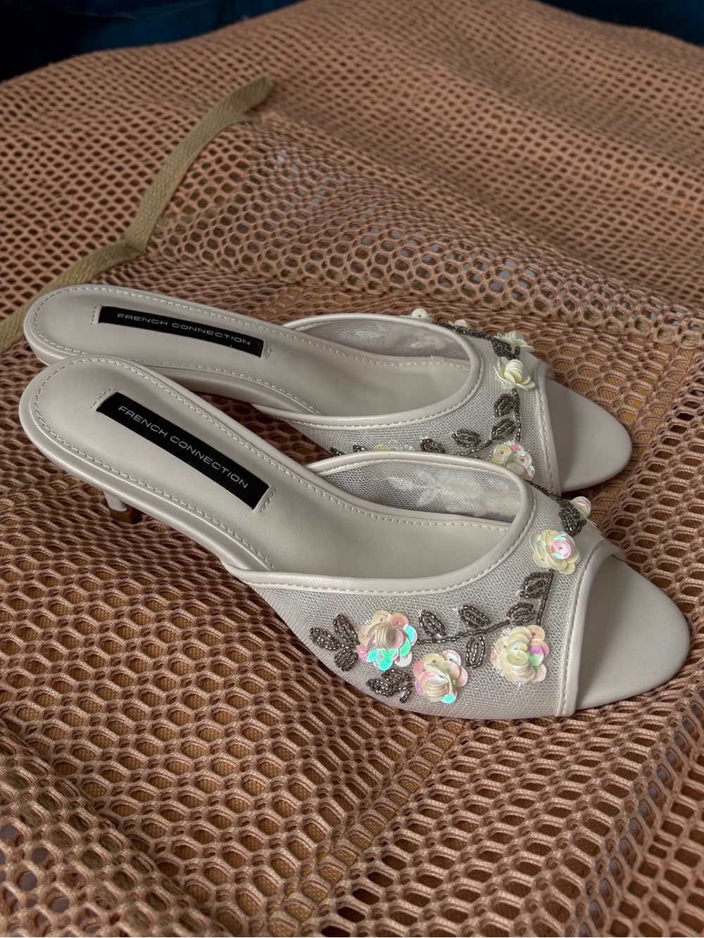 French Connection ritz mesh kitten heel Cream Embellished Open-Toe
